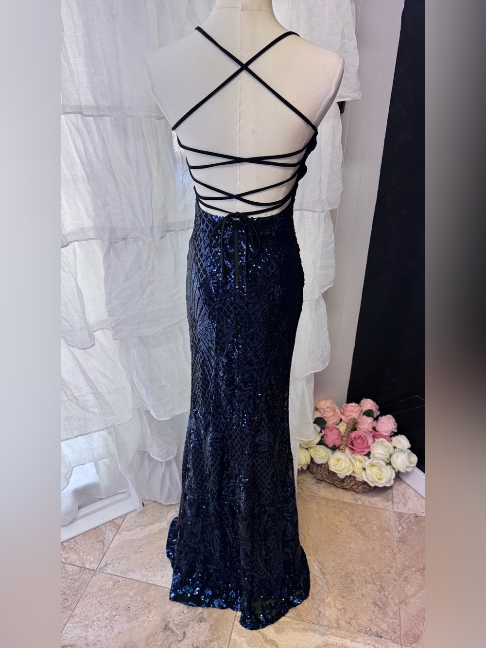 Windsor Navy Sequin Halter Gown with Thigh Slit - Picture 10 of 16